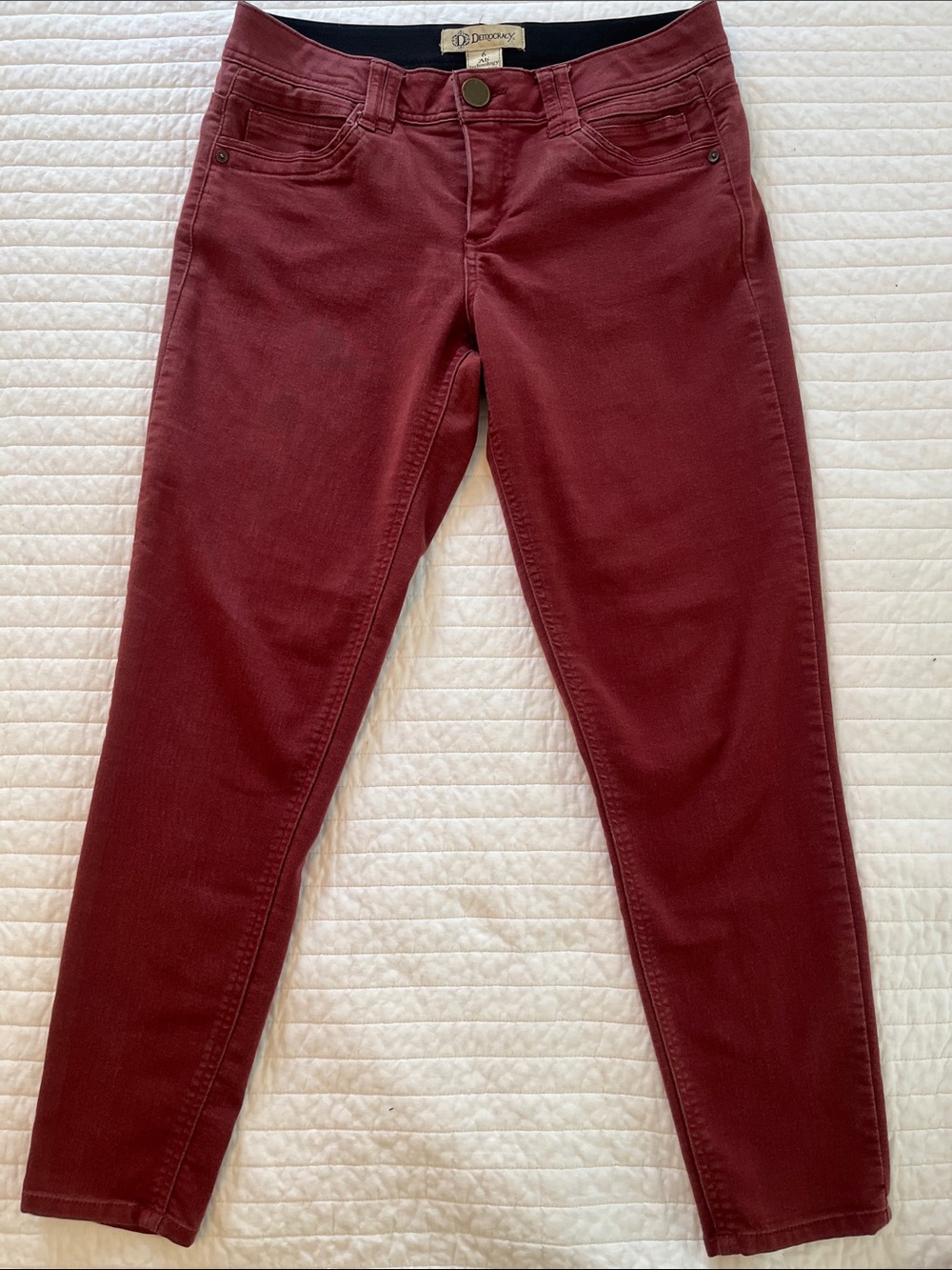 Democracy Women’s Wine Burgundy Skinny Jeans with zip front and elastic waist
